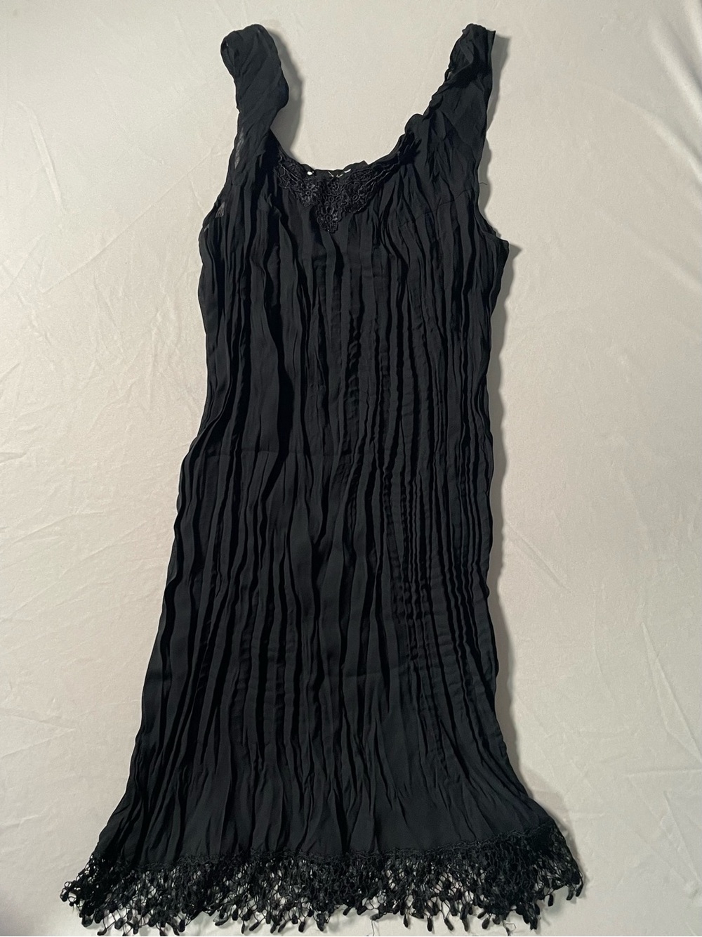 Vintage 90s Alexander Brown Black Sheer Crinkle Slip Dress Lace Fringe Trim